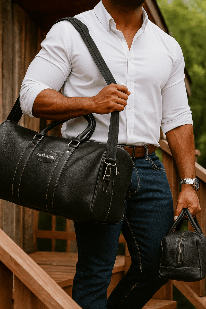 Leather Top Grain Duffel Bag for Men and Women Travel Bag MK 083 (Black) 27.5''*11.5''*11'' Inches (L*H*B)