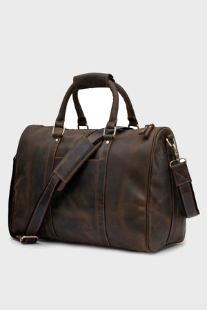 Voyager Leather Duffel Bag in Distressed Dark Brown with shoulder strap