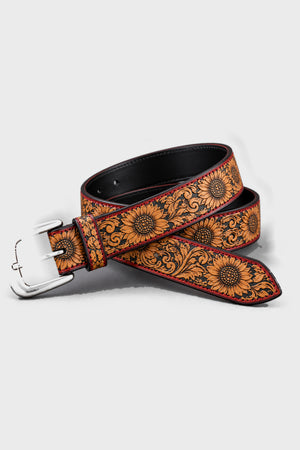 Sunflower tooled leather belt with red edge stitching and tapered tip