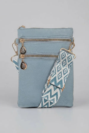 Artizanni women's vegan leather crossbody bag in light blue with patterned strap