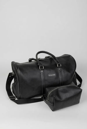 Black top grain leather duffel bag MK 083 shown with matching leather dopp kit