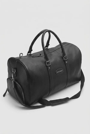Black leather travel duffel bag MK 083 front view with handles and shoulder strap