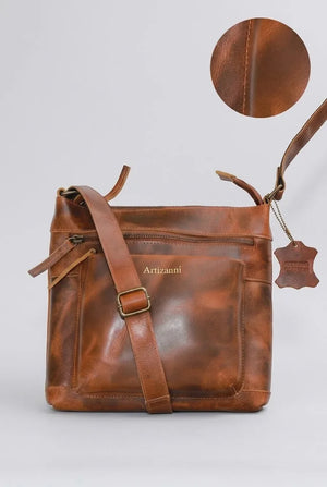 Brown leather satchel AZ 060 with detachable strap and leather charm