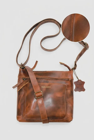 Brown leather satchel bag AZ 060 shown with full length shoulder strap