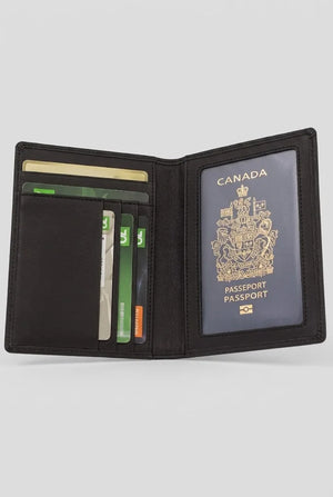 Dark leather passport bifold wallet SD 017 loaded with cards and passport