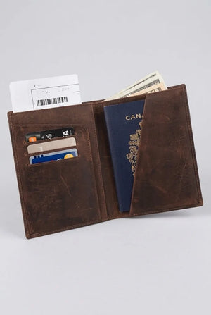 Leather passport wallet SD 017 holding boarding pass, cards and passport