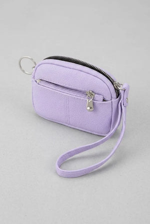 Small coin purse wristlet in lilac purple with zip closure and key ring