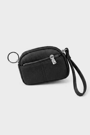 Black ladies coin pouch wristlet with key ring and detachable strap