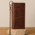 Mens Long Wallet Leather with Chain, Western Rodeo Wallet for Men, Vintage Crazy Horse Leather Checkbook Wallet
