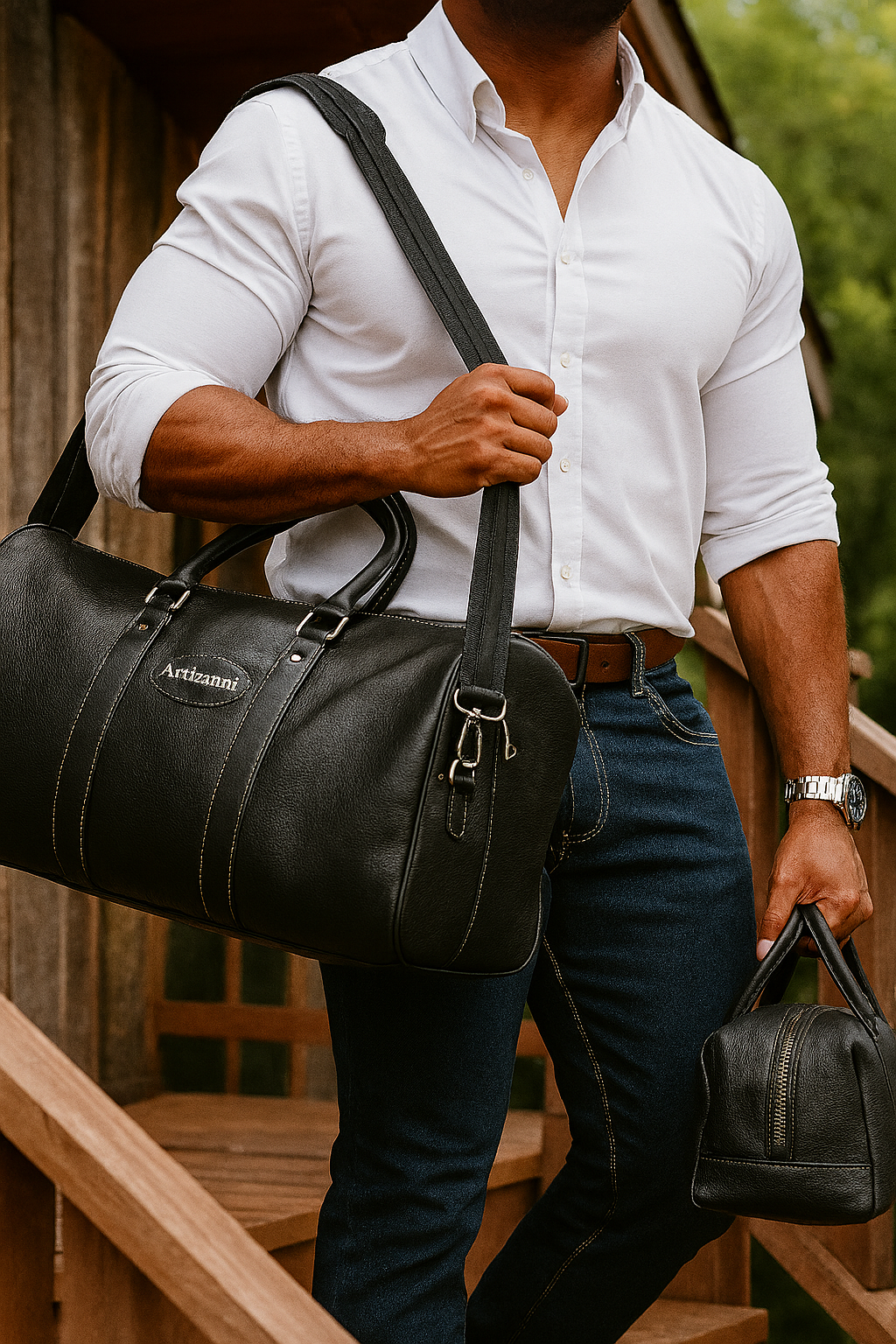 Leather Top Grain Duffel Bag for Men and Women Travel Bag MK 083 (Black) 27.5''*11.5''*11'' Inches (L*H*B)