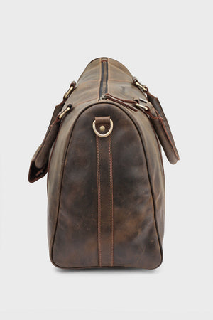 Side profile of the Distressed Dark Brown leather duffel bag