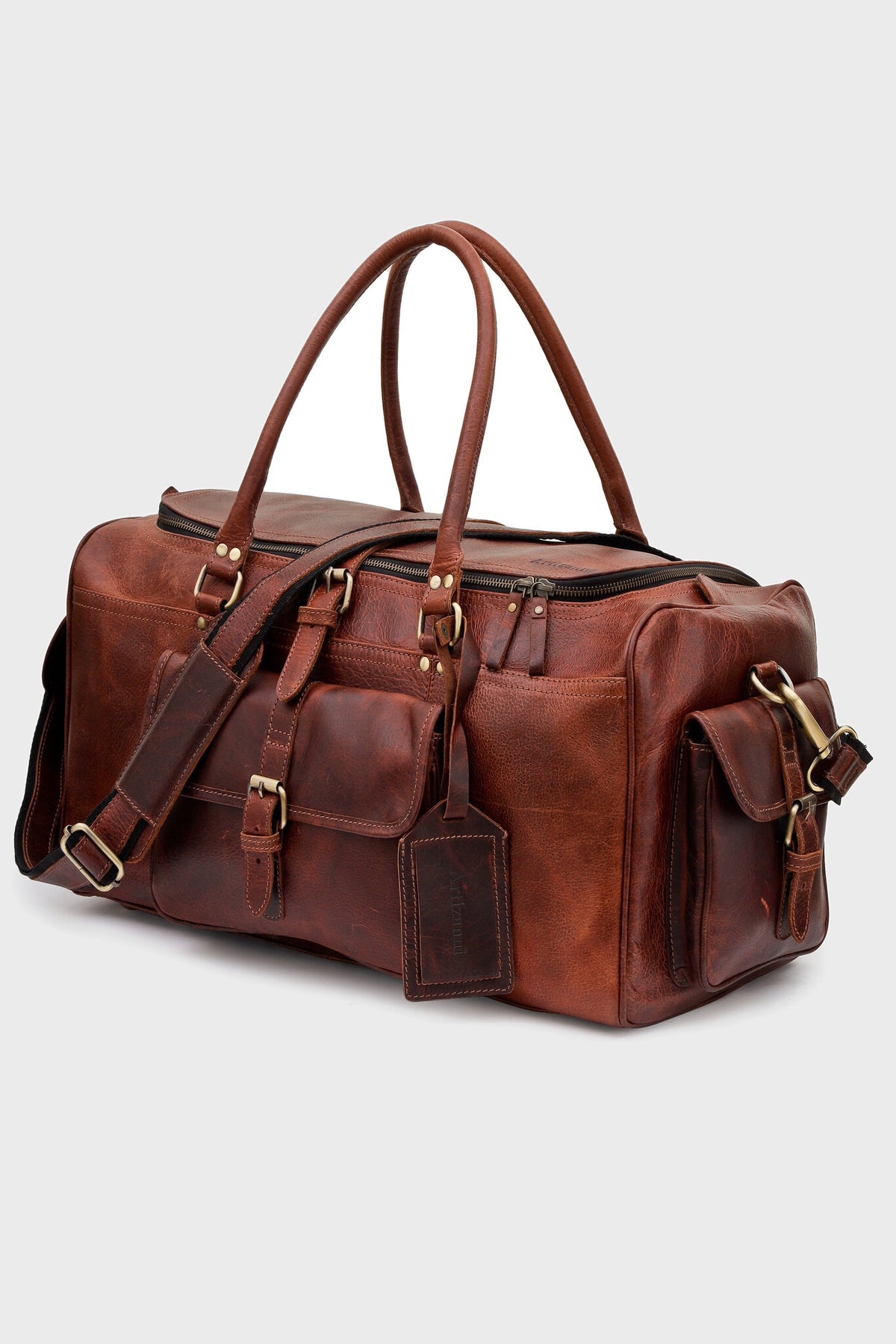 Expedition Multi-Pocket Leather Duffel Bag in Cognac with shoulder strap
