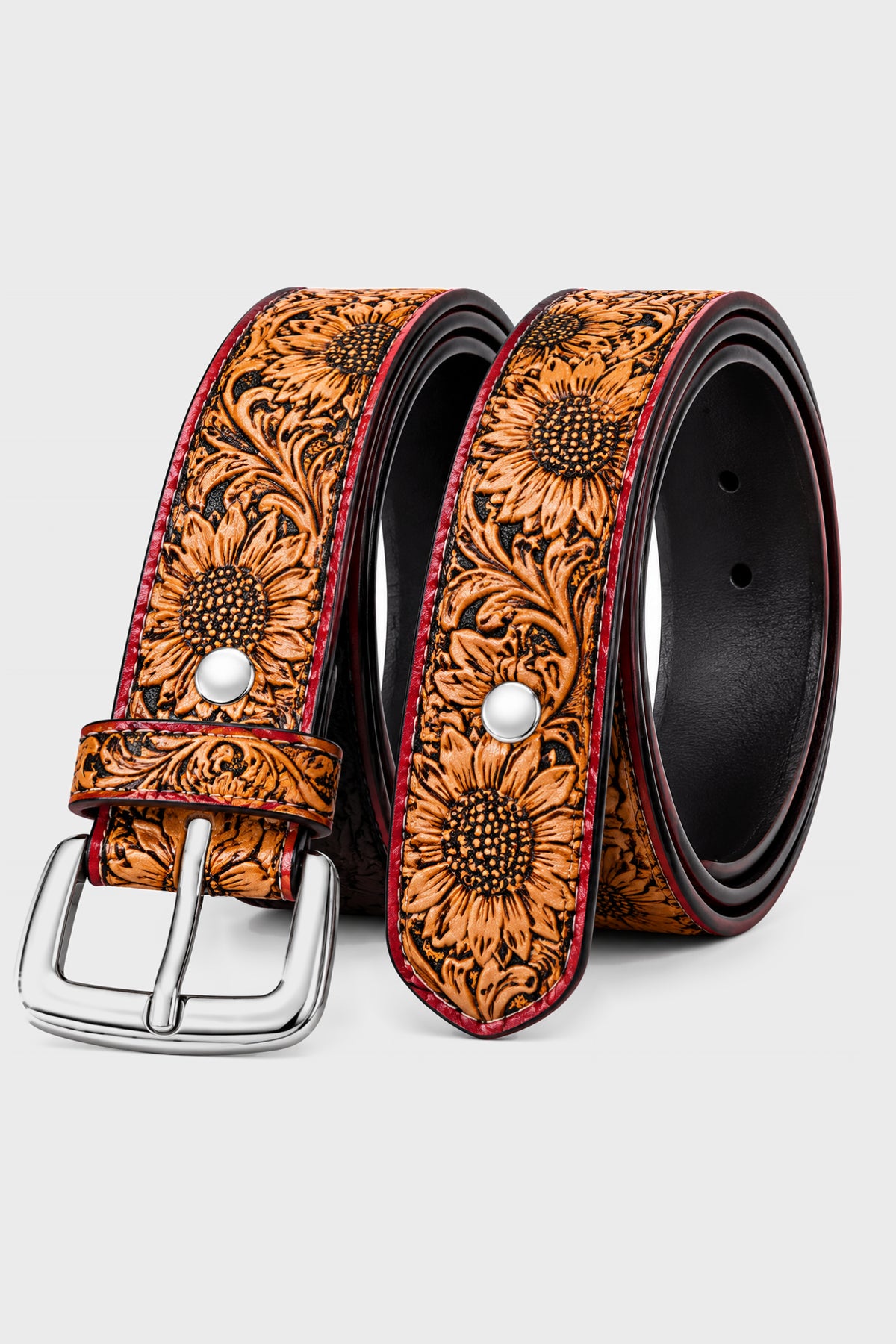 Sunflower tooled leather belt showing tooled face and smooth black reverse