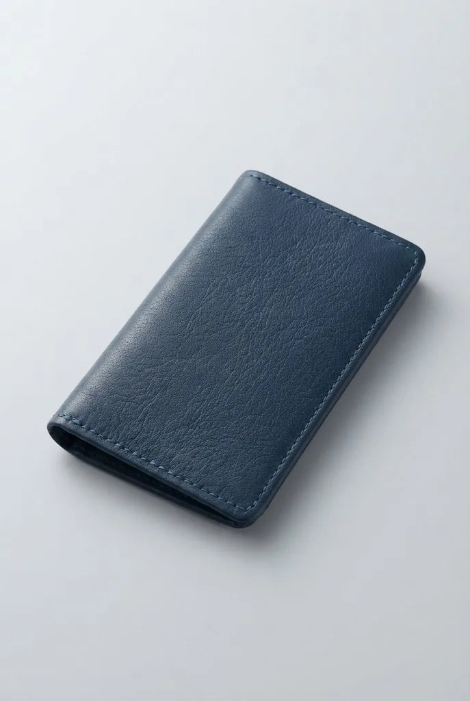 Artizanni mini leather travel journal in navy blue, angled view