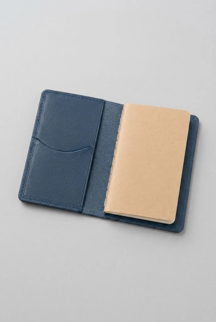 Artizanni mini travel journal open, showing card slot and paper insert