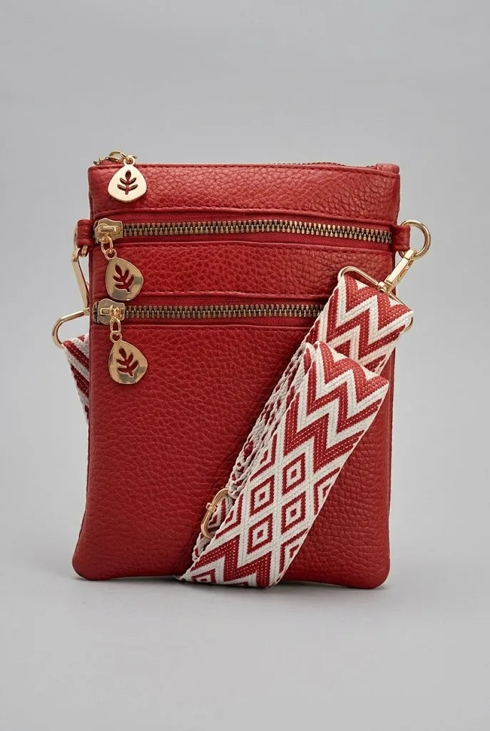 Artizanni women's vegan leather crossbody bag in red with patterned strap