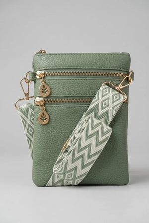 Artizanni women's vegan leather crossbody bag in sage green with patterned strap