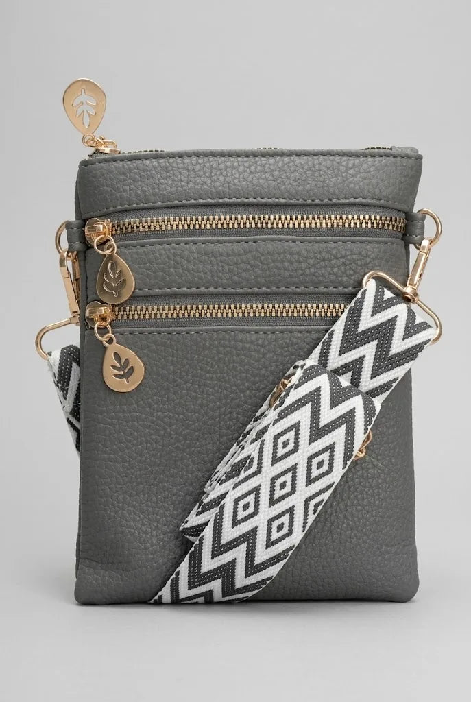 Artizanni women's vegan leather crossbody bag in grey with patterned strap