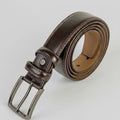 Brown leather casual dress belt coiled, showing 1 3/8 inch strap and metal buckle