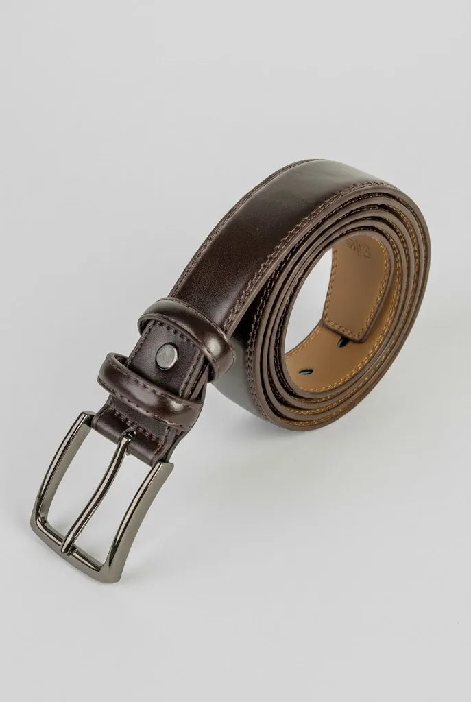 Brown leather casual dress belt coiled, showing 1 3/8 inch strap and metal buckle