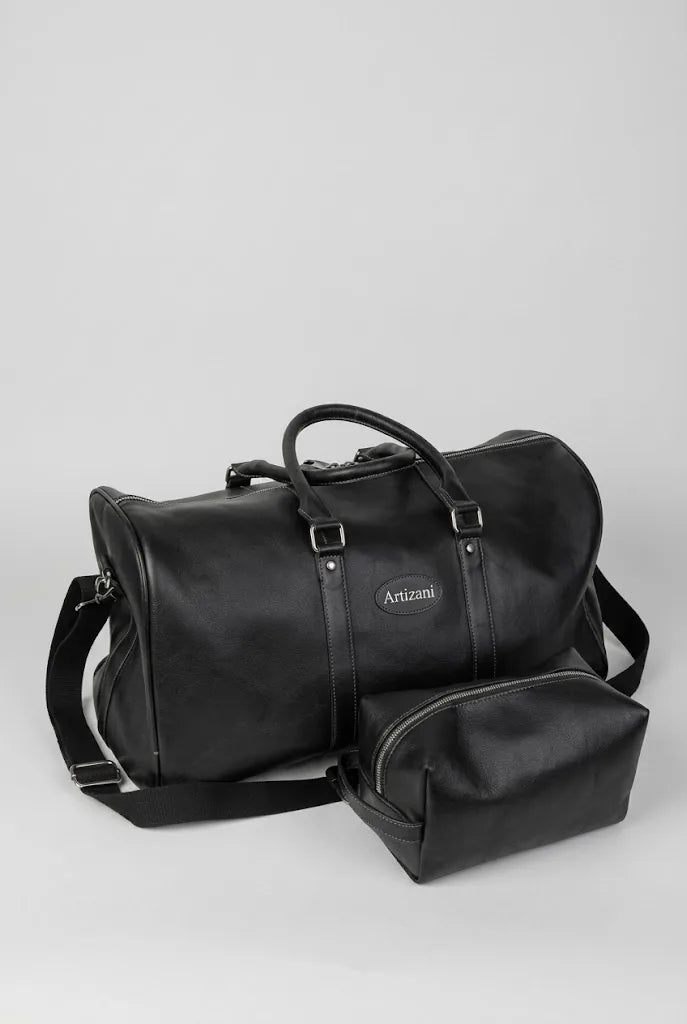 Black top grain leather duffel bag MK 083 shown with matching leather dopp kit