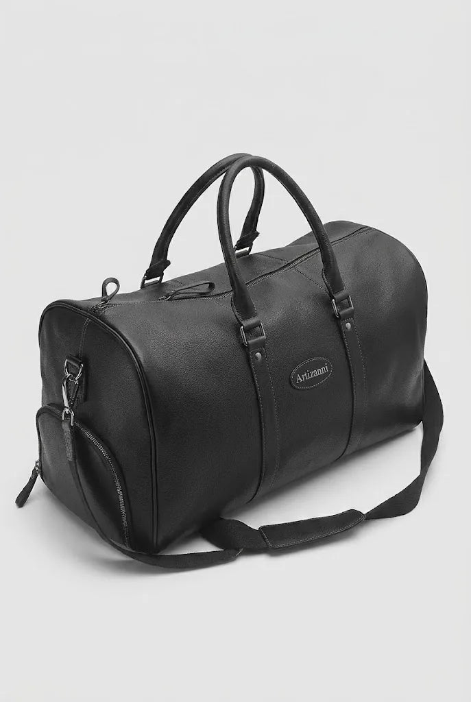 Black leather travel duffel bag MK 083 front view with handles and shoulder strap