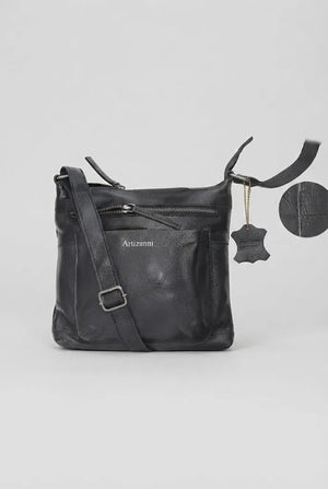 Premium leather satchel bag AZ 060 in black, front view with leather tags