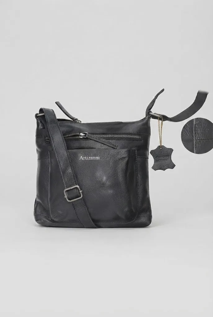 Premium leather satchel bag AZ 060 in black, front view with leather tags