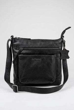 Black leather crossbody satchel AZ 060 shown flat with full strap