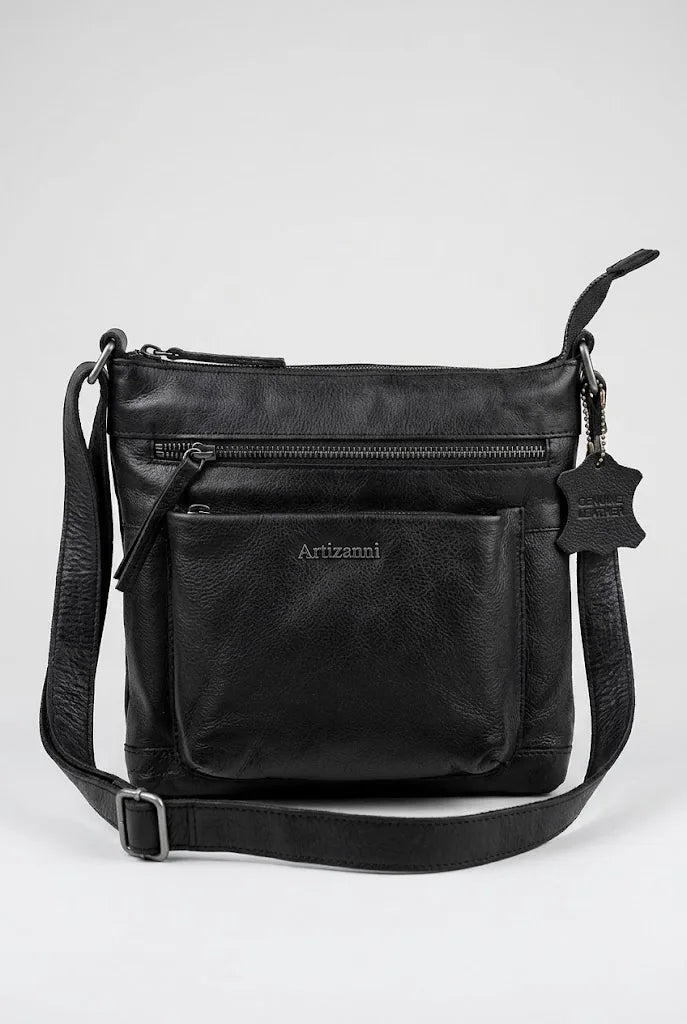 Black leather crossbody satchel AZ 060 shown flat with full strap