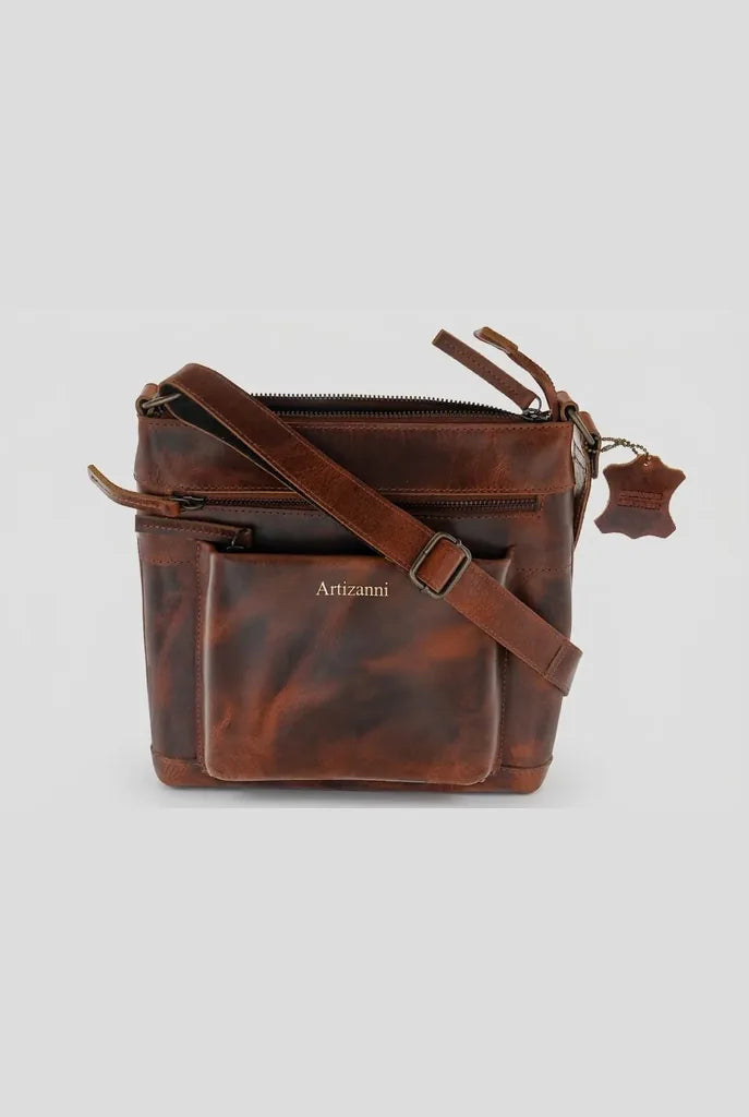 Distressed brown leather satchel bag AZ 060, front view