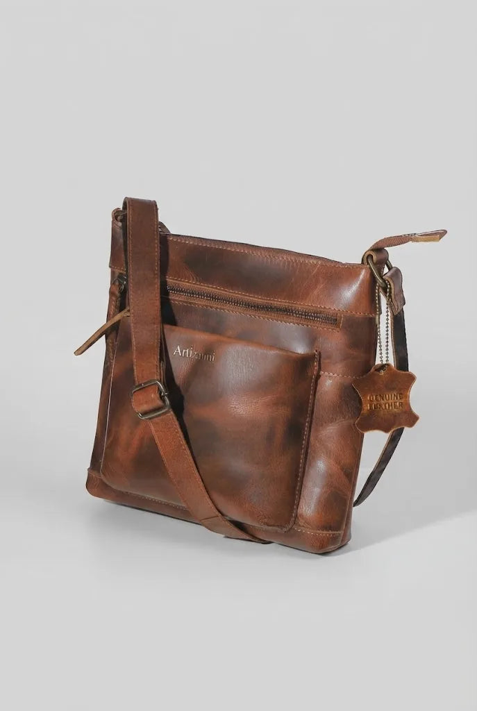 Vintage brown leather satchel AZ 060 angled view showing stitching