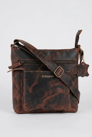 Brown crazy horse leather satchel AZ 060 with strap draped over the bag