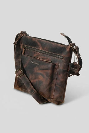 Distressed brown leather crossbody satchel AZ 060, three quarter view