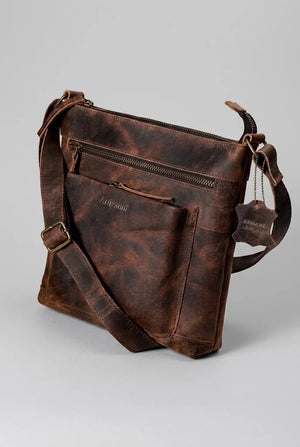 Vintage brown leather satchel AZ 060 close view of front pocket and zip