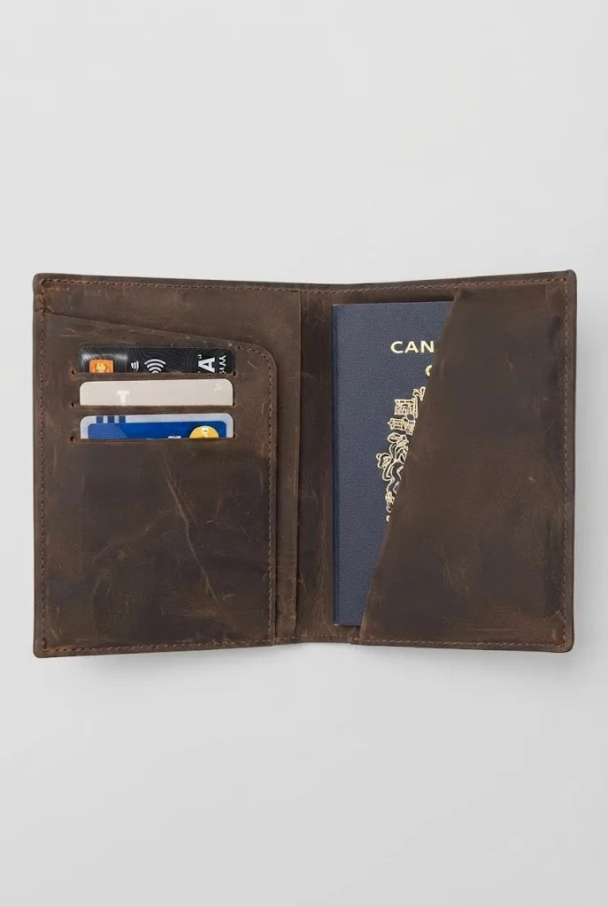 RFID passport bifold wallet SD 017 open, holding passport and credit cards