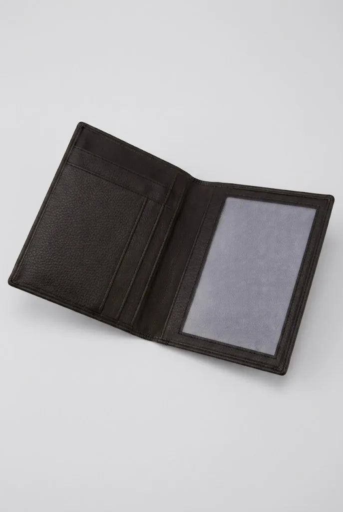 Black leather RFID passport wallet SD 017 open showing ID window