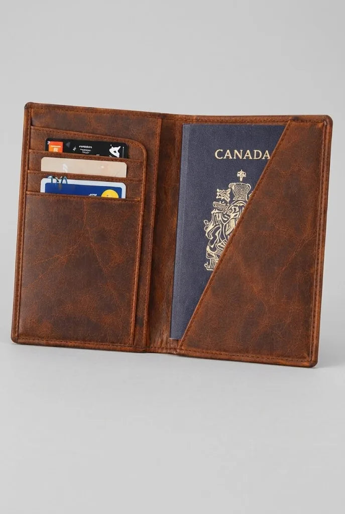 Vintage brown RFID passport bifold wallet SD 017 with passport and cards