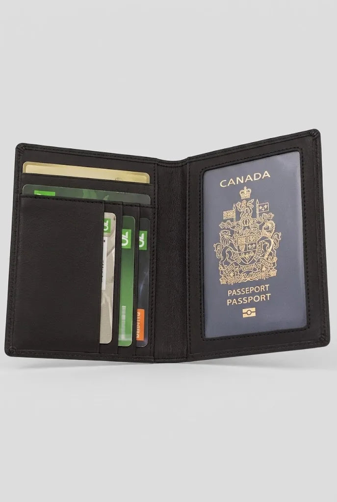 Dark leather passport bifold wallet SD 017 loaded with cards and passport