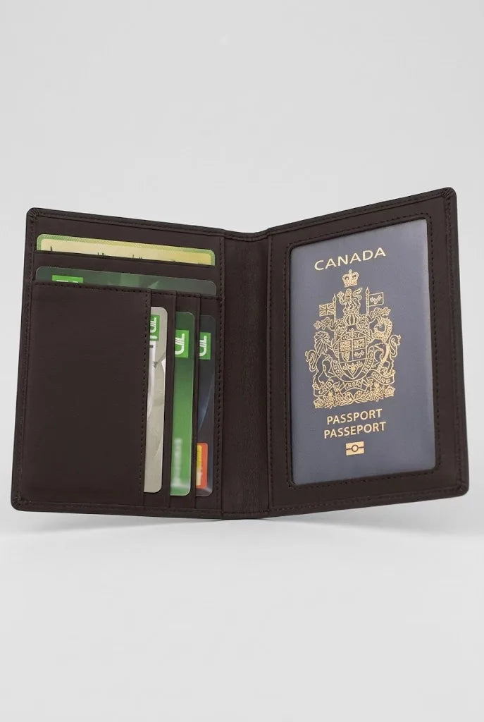 RFID blocking passport holder SD 017 in dark brown leather, open flat