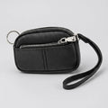 Women's small coin pouch wristlet in black with key ring and wrist strap