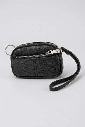 Women's small coin pouch wristlet in black with key ring and wrist strap