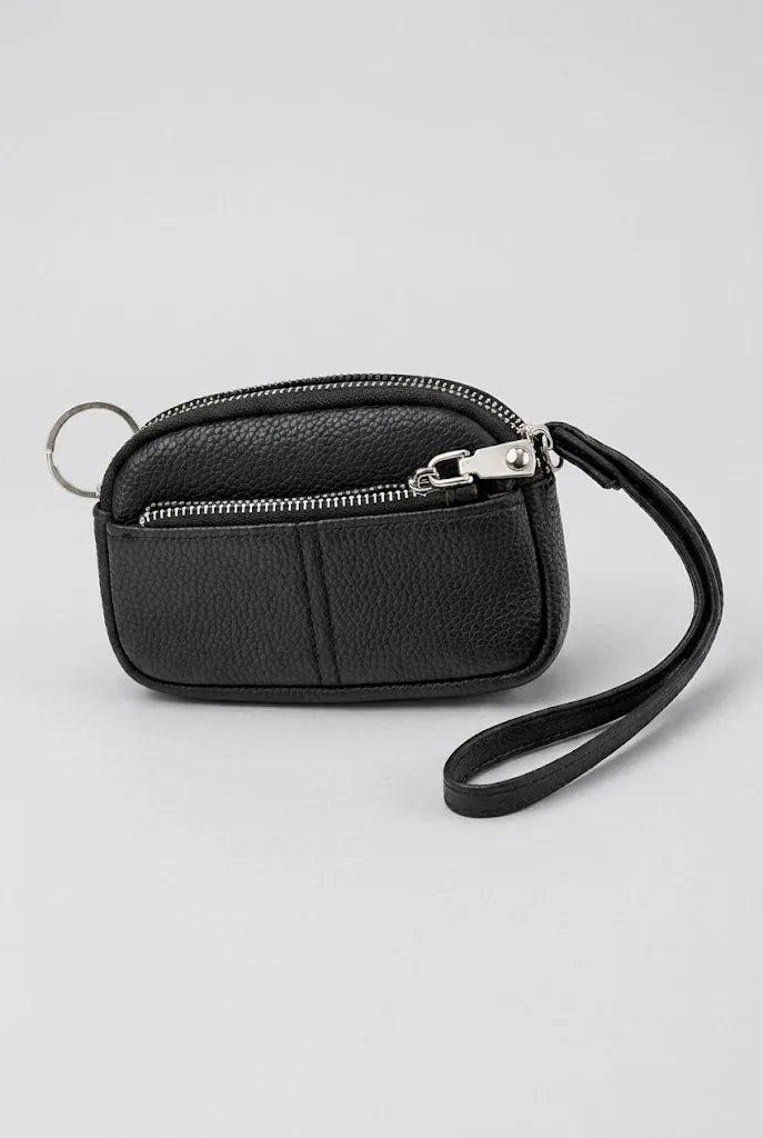 Women's small coin pouch wristlet in black with key ring and wrist strap