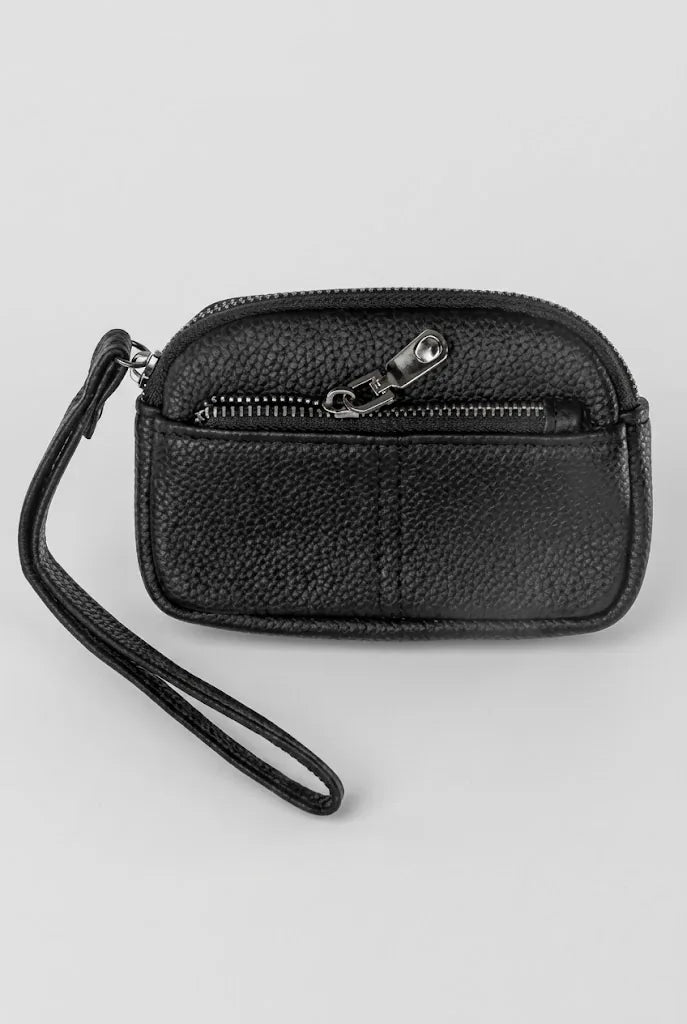 Black pebbled leather coin pouch wristlet, front view with zip