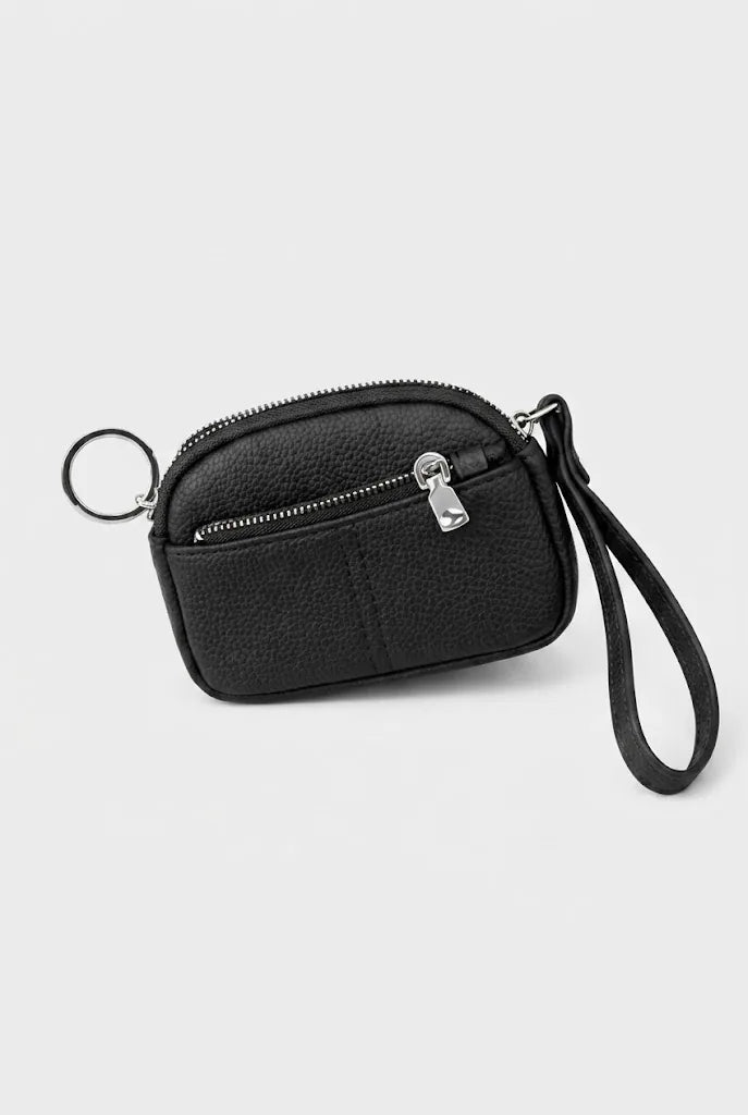 Black ladies coin pouch wristlet with key ring and detachable strap