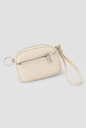 Cream beige coin pouch wristlet with card holder pocket and key ring