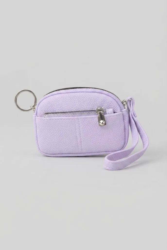 Lilac ladies coin purse wristlet with card holder and wrist strap